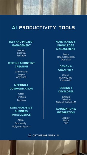 🚀 20  Best AI Productivity Tools in 2025 (Notion, Jasper, Otter, Canva & More!) Want next-level efficiency? Try these 20  AI productivity tools that help you automate tasks, boost creativity, and streamline workflows like never before. In this video, I show you the most powerful AI tools across these categories: ✅ AI Project & Task Management (Notion AI, ClickUp AI, Taskade) ✅ AI Writing & Content Creation (Grammarly, Jasper, Anyword) ✅ Meeting & Communication Assistants (Otter.ai, Fireflies, F