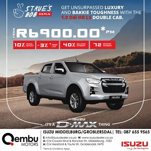🎄🚗 Experience refined comfort paired with proven bakkie toughness in the Isuzu D-MAX 1.9 Ddi HR LS — available in Extended Cab and Double Cab. Drive the Extended Cab from R6 300 p/m or the Double Cab from R6 900 p/m, with flexible finance options tailored to you. Limited stock available. T&Cs apply. 📍 ISUZU Middelburg / Groblersdal 📞 087 655 9565 🌐 isuzudealer.co.za | Qembu Isuzu