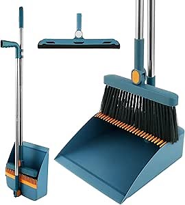 Broom and Dustpan Set for Home, 180° Rotating Broom Combo, Foldable Floor Sweeping Set with Long Handle, Stand Dustpan and Broom Combo with Comb Teeth for Office Kitchen Lobby Floor Cleaning (Blue)