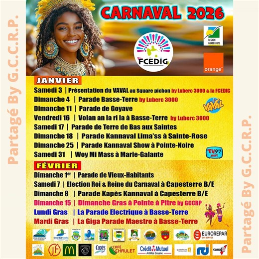 🎉🎭🔥 CARNAVAL DE GUADELOUPE 2026 🔥🎭🎉 📣 Voici le programme officiel de la FCEDIG 📅 Janvier & Février 2026 🎶 Déboulés, parades, shows, élections, dimanches gras… 📍 Sur tout l’archipel guadeloupéen : Basse-Terre, Pointe-à-Pitre, Marie-Galante, Les Saintes, Capesterre, Goyave, Sainte-Rose et bien plus 🇬🇵 ✨ Plus de 20 rendez-vous carnavalesques 👑 Élections Roi & Reine 🎺 Parades traditionnelles, électriques & shows 🎭 Mass, culture, identité et vibes non-stop 👉 Programme coordonné par la