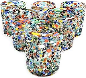 Confetti Rocks 10 oz Tumbler Glasses (set of 6) | Hand Blown Drinking Glasses, Multicolor Mexican Glassware Tumblers for Water, Juice, Margaritas & Cocktails | Lead-free, Toxin-Free