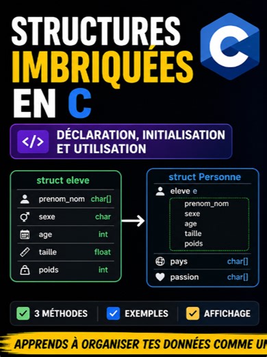 Programmation en langage C: Correction exercice du live sur les structs imbriquées #c #clang #programmationc #codec #structc #apprendrec #tutorialc #exercicec #debutantc #programminghumor #codetok #devtok #techlearn #codingforbeginners #100secondescode #cstruc #nestedstruct #initialisationc #designatedinitializer #memetokdev