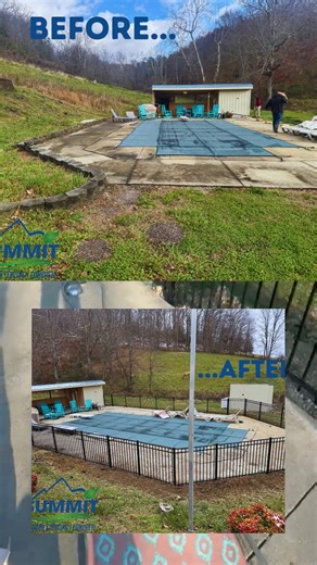 How to fence in your pool without ruining your view: 👇 The "Before" was wide open but unsafe. The "After" is secure, but look at that hillside! We love black aluminum because it practically disappears into the background, letting you enjoy the scenery while keeping the pool deck safe. Secure the perimeter, keep the view. 🏔️ Call 606-465-2547 to schedule your install today! #SummitLandscapes #LandscapeDesign #PoolFence #KentuckyViews #OutdoorLiving | Summit Landscapes