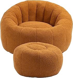 Bean Bag Chair with Ottoman - Comfortable Lazy Sofa with Swivel Base, Durable Comfort Accent Chair with Footstool for Living Room and Bedroom (Orange)