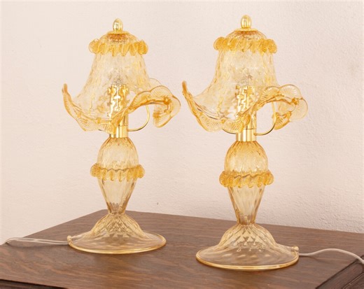 Handmade Amber Murano Glass Table Lamps With Gold, Made in Italy, Set of 2 - Etsy