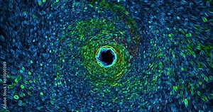 Animation blue bright psychedelic cartoon whirlpool with dark hole at the end of the tunnel. Video of swirling sea waves. Concept of exiting a whirlpool