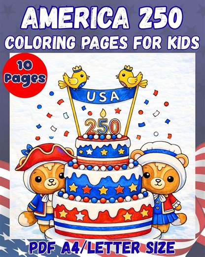 USA 250 Coloring Pages Patriotic Cute Animals American History Kids Printable Independence Day Activity - Etsy