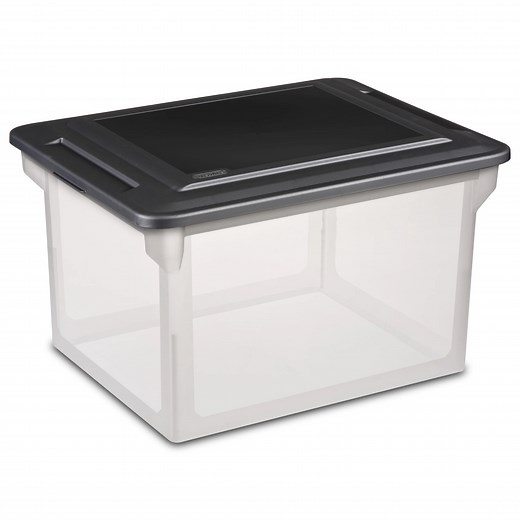 Sterilite File Box, Clear Plastic Bin with Black Lid, Letter or Legal-Sized File Storage