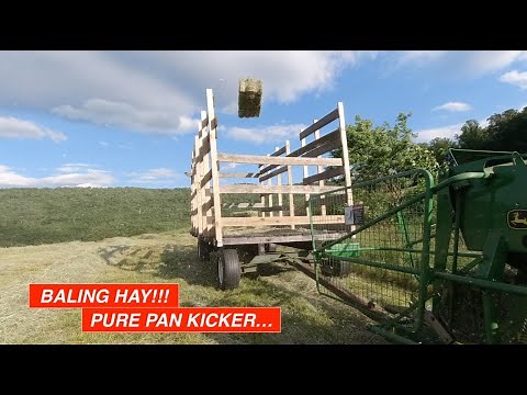 Baling Hay - Pure Pan Kicker - John Deere 348 Baler and #42 Ejector Making Square Bales of Hay