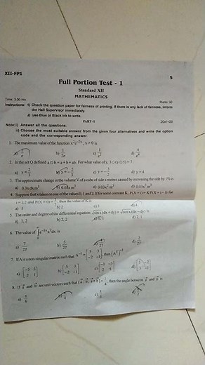 Class 12 Palayamkottai (Brothers Union) Full Portion Test 1 Maths Question Paper