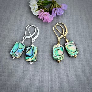 Abalone Paua Shell Leverback Earrings Sterling Silver or 14k Gold Filled Ocean Beach Jewelry Turquoise Aqua Blue Sea Green Colors E494 - Etsy