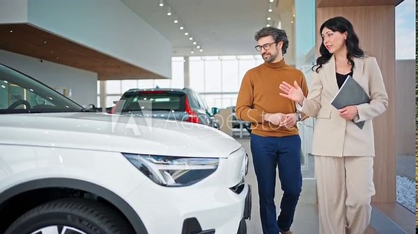 Charming Caucasian agent presenting new car model to her customer in auto salon. Pretty female manager walking with man next to while vehicle and telling about car information. Business concept.