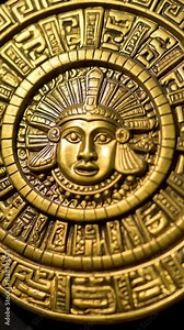 Golden decorative Aztec calendar art detail, featuring a central face with elaborate headdress and surrounding glyphs in a circular pattern.