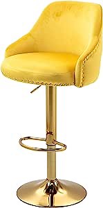 Modern Bar Stools with Stable Base, Adjustable Swivel Counter Height Bar Stool, Upholstered Velvet Tufted Armless HydraulicBar Chairs with High Back for Kitchen Bistro Pub Dining Room Counter(Mustard)
