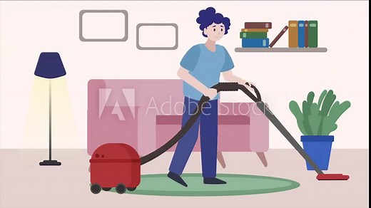 Looped 2d cartoon animation showing a woman using a vacuum cleaner to clean her home. Cleaning, household tasks, home care and lifestyle themes.