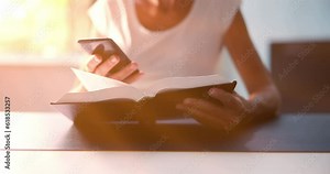 Christian Woman Reading Bible Book On Phone