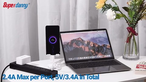 SUPERDANNY Surge Protector Power Strip with USB Ports 6AC Outlets Extender 4ft Wall Mountable