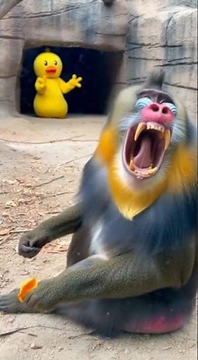 山魈（Mandrill）被人形玩偶嚇到靈魂出竅 😱💨巨大アヒル出現！猿パニック 🤣🦆 Monkey Panic! Run! 🦆💨