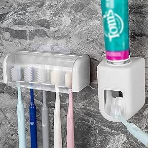 5 Slots Wall Mount Toothbrush Holder with Cover, Self Adhesive Toothbrush Storage Organizer for Shower, Toothbrush Hanger with Automatic Toothpaste Squeezer Dispenser