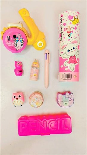 New cool pink stationery collection 🩷 sharpener, pen, pencil case, #unboxing #toys #backtoschool
