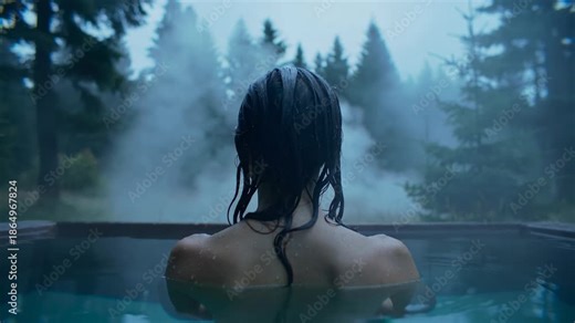 Woman relaxing in a steaming outdoor hot tub. Soaking in a natural hot spring surrounded by a misty forest. Wellness and self care retreat concept