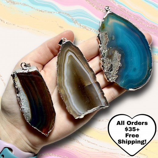 Natural and Dyed Agate Slice Pendant | Polished Boho Chic Stone Jewelry | Healing Agate Crystal | Black Necklace Cord Included | You Pick! - Etsy