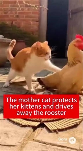 Rooster Attacks Kitten! Brave Cat Mom Fights Back #CatHero #RoosterAttack #KittenRescue