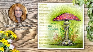 Masking a Mushroom with Tracey Dutton Lavinia Masking Sheets are an incredibly versatile paper-crafting tool, and in today’s tutorial, Tracey shows how to use them to achieve crisp, clean stamped images, free from background colour interference. For this project, she worked with three shades of green from the Elements Ink range. To create a beautiful organic background texture, Tracey used the Pebble Stencil, adding further depth with a faded text effect with the Water Spirit Verse Stamp. This m