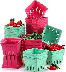 Suzile 300 Pcs 1 Quart Molded Pulp Fiber Berry Basket Produce Vented Container for Fruit and Vegetable, Farmers Market, Grocery Stores, Backyard Party, 150 Pcs Blue Green and 150 Pcs Rose Red