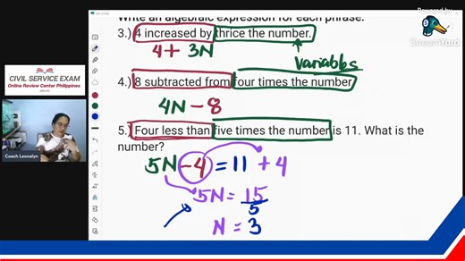68K views · 1K reactions |  Civil Service Exam Review 2025: Numerical Ability by Coach Leonalyn! - Algebraic Expression (Word to Equation)  Enrollment is now open for Civil Service Exam Intensive Coaching via ZOOM. Limited slots available, so don’t wait to secure your spot!  Message us for inquiries and more details. Let’s make your dreams a reality—see you there, future CSE Passer! ❤️ | ORC Online Review PH | Facebook