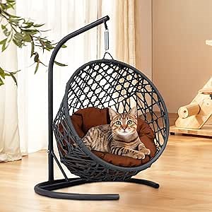 KEIKI Cat Swing Bed with Stand & Soft Cushion, Rattan Wicker Cat Egg Chair, Indoor Cat Hammock, Pet Beds for Cats or Small Dogs, Yellow