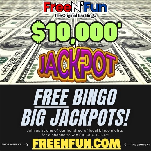 19 reactions · 13 shares | Jackpot is at $10,000 for the first time this year! Get to your local FreeN' Fun Bar Bingo show for a chance to win BIG MONEY playing FREE BINGO! Freenfun.com #bingo #chicago #FreeNFunBarBingo #free #fun | FreeN' Fun Bar Bingo | Facebook