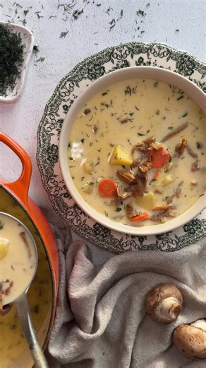 Julie C. on Instagram: "Creamy mushroom soup made with chanterelles, onion, carrots, potatoes, chicken broth, milk, and fresh dill. Cozy & simple. #cozysoup #mushroomrecipe #simplecooking #comfortfood"