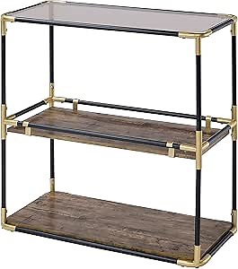 Benjara Rechange Glass Top Console Table Metal Tubular Framing and Wooden Shelves, Black and Brown