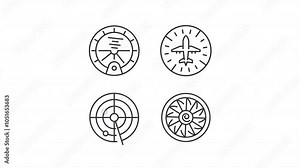 Animated plane instruments icons. Cockpit dashboard line animation library. Aviation related animation. Black illustrations on white background. HD video with alpha channel. Motion graphic