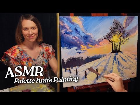 ASMR Palette Knife Painting: Sun Through Trees on a Snow Covered Hill (Soft Spoken)