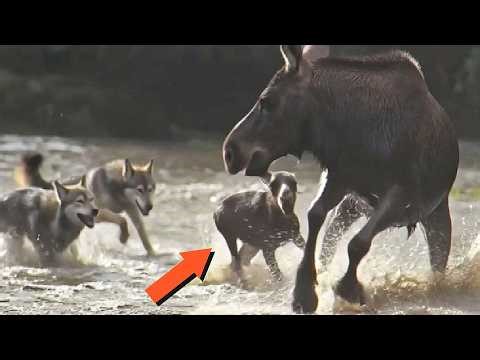 A Mother Moose Stands Alone Against a Wolf Pack