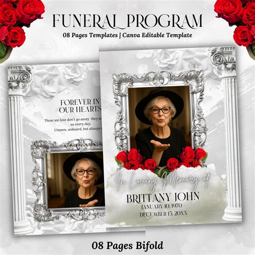 Funeral Program Template: Red Obituary, Celebration of Life (canva, 8.5x11, 8-page) - Etsy