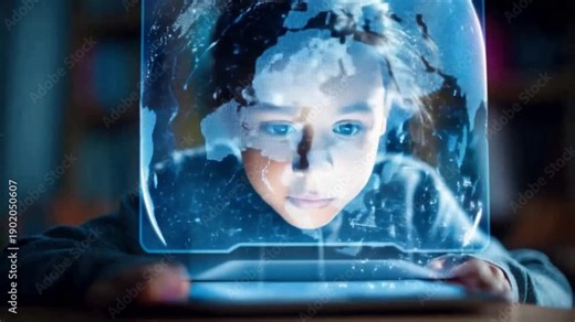 Envisioning Future: A young person gazing intently at an augmented reality interface, the world map projected before them.
