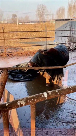 Playful cow's “tarp puppet show” in the mud: Netizens wonder if this bull is about to wrestle!