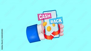A cartoon hand is holding a smartphone. Cash back and financial payment refund service. Animation, cartoon character, 3d.