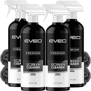 EVEO® Screen Cleaner Spray Kit (Streak-Free) TV Screen Cleaner for Smart TV, LCD, LED, OLED | Computer Screen Cleaner Spray and Wipe Microfiber Cloth - TV, Monitor, Laptop, iPad, Car - 6.7oz 4 Pack