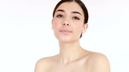 Beauty woman face with beutiful eyes looking at camera, isolated...