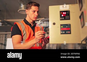 Focused technician inspecting industrial control panel. Diligence and expertise shown during maintenance work. Demonstrates precision and confidence in electrical testing, ensuring system safety.
