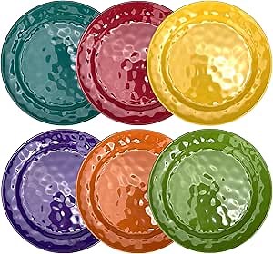 6-Piece 100% Melamine Dinner/Lunch Plate Set,10inch Round Melamine Salad Plates Picnic Plates for Holiday Home Party,Break-resistant and Lightweight,Hammered Finish,BPA Free (Multi color)
