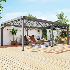 Outsunny 12' x 20' Outdoor Wooden Pergola, Grape Vine Gazebo with Concrete Anchors for Garden, Patio, Backyard, Deck, Gray