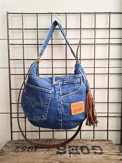 Upcycled Denim Hobo Bag: Jeans Shoulder Bag With Leather Strap - Etsy