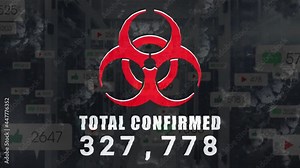 Biohazard symbol with increasing cases over covid-19 cells and digital icons with increasing numbers