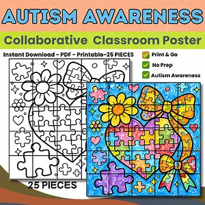 Autism Awareness Month Collaborative Poster | Puzzle Heart Art Activity