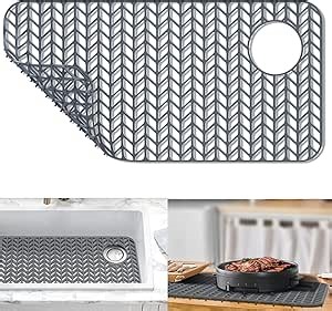 AWOKE Sink Protectors for Kitchen Sink,Kitchen Sink Protector Mat - 28.6" x 14.5" Heat-Resistant Silicone Folding Non-Slip Mat for Stainless Steel Sink with Right Drain (Grey)